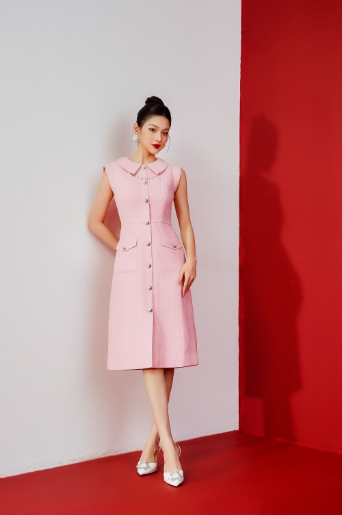 Sixdo Light Pink Midi Tweed Dress
